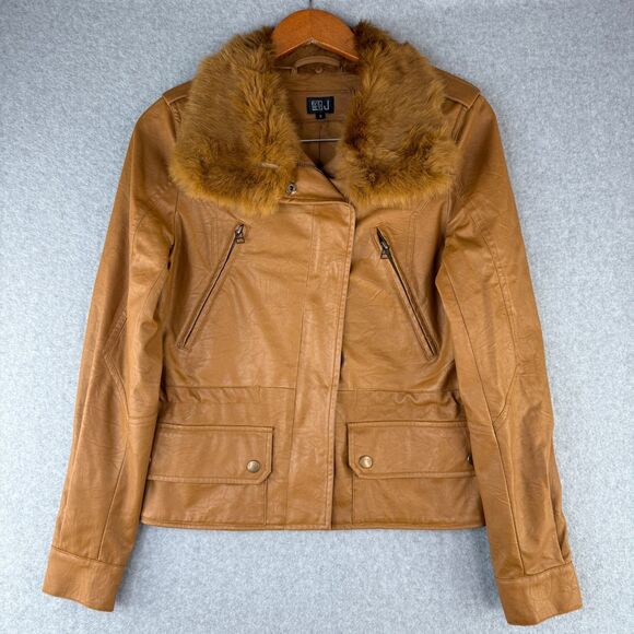 90's Womens Brown Faux Leather Moto Jacket w/ Fur Neckline Size S Western/Retro - Picture 1 of 9